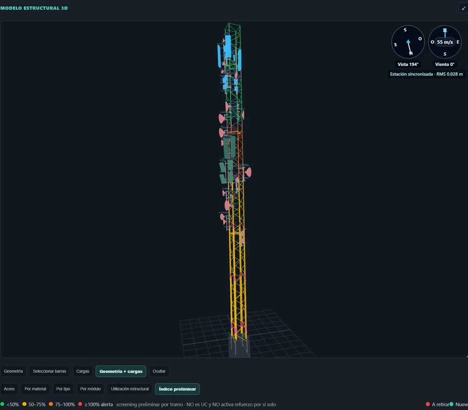 Modelo estructural 3D de una torre con antenas y soportes